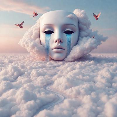 The primary subject of the image is a white mask with blue eyes and a tear on its face. The mask is placed in a cloudy, whimsical environment, giving it a surreal and dreamy appearance. The visual style of the image is a combination of photo and digital art, creating a unique and artistic representation of the mask. The dominant colors in the image are white and blue, with the blue eyes and tear adding a touch of emotion to the mask's expression. Overall, the image evokes a